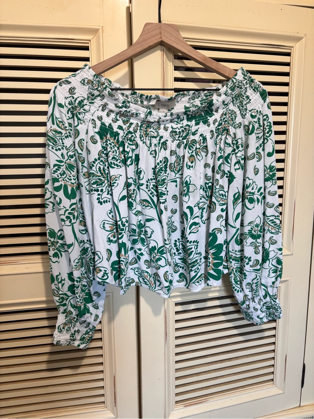LOFT White Off-Shoulder Blouse with Green Floral Print